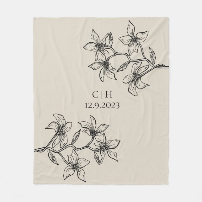 Elegant Beige Blommigt Monogram Bröllop Fleecefilt (Framsidan)