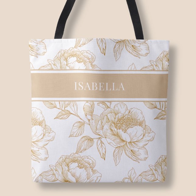Elegant Beige Blommönster Chic Botaniskt blomma Tygkasse (Elegant Beige Floral Pattern Chic Botanical Flower Tote Bag)
