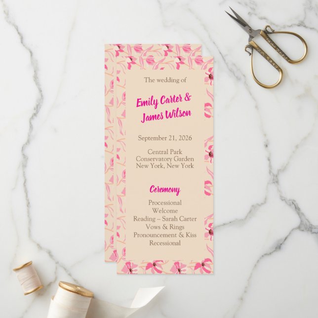Elegant Beige & Blush Pink Floral Wedding Program (Fram/Back In Situ)
