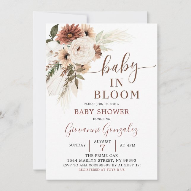 Elegant Beige Boho Baby i Bloom Baby Shower Inbjudningar (Framsida)