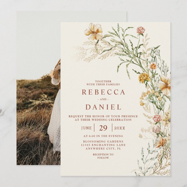 Elegant Beige Boho Blommig Foto Bröllop Inbjudningar (Fram/baksida)