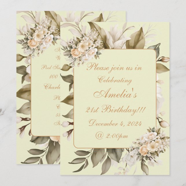 Elegant Beige Boho Blommigt Birthday-inbjudan Inbjudningar (Fram/baksida)