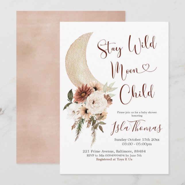 Elegant Beige Boho Måne Baby Shower-inbjudan Inbjudningar (Fram/baksida)