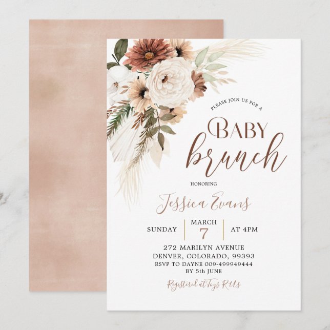 Elegant Beige Boho Pampas Grass Baby Brunch Inbjudningar (Fram/baksida)