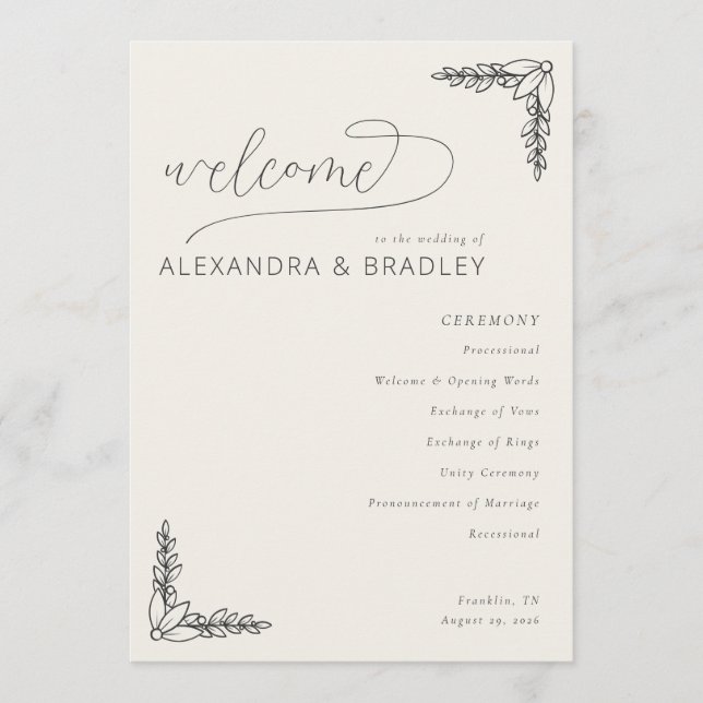 Elegant Beige Botanical Wedding Ceremony Schedule Program (Framsida)