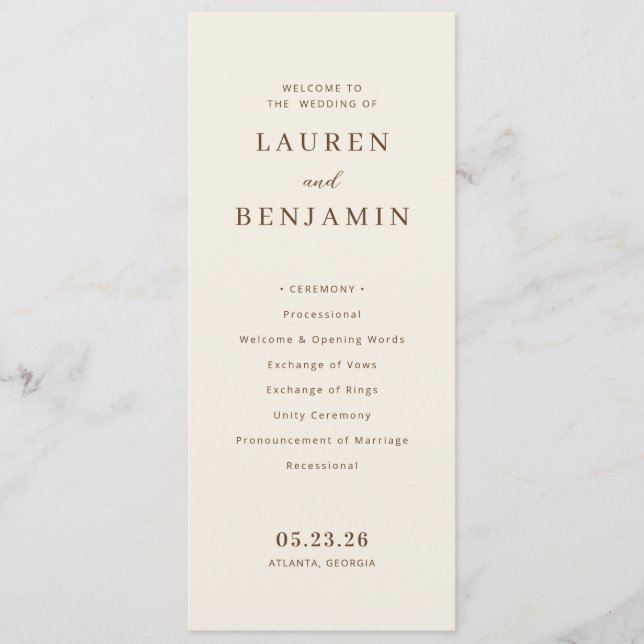 Elegant Beige Bröllopsceremoni Program (Framsida)