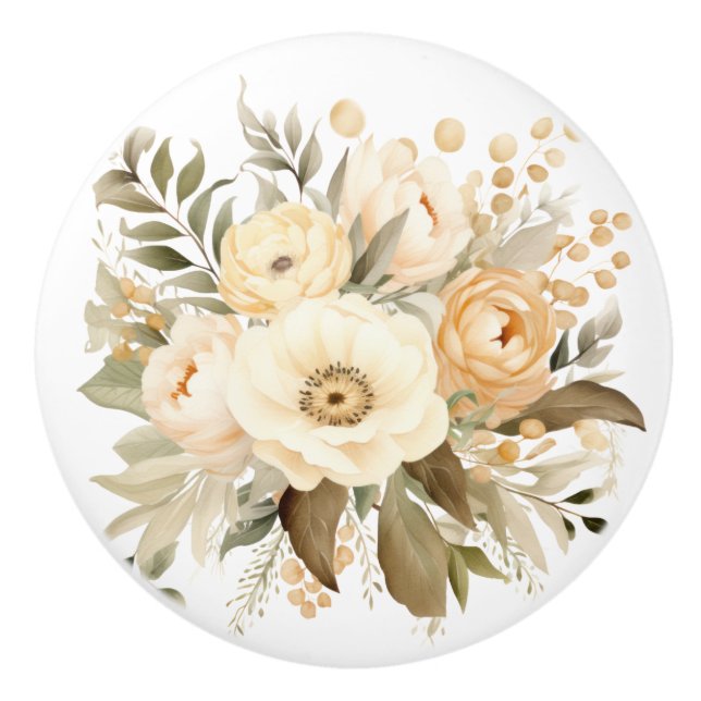 Elegant Beige Brown Flowers Blommigt Ceramic Knob Knopp (Framsidan)