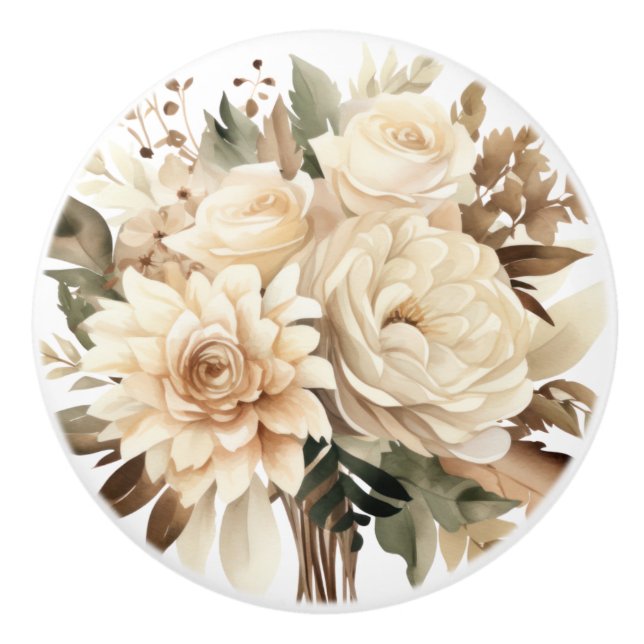 Elegant Beige Brown Flowers Blommigt Ceramic Knob Knopp (Framsidan)