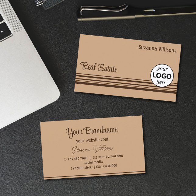 Elegant Beige Brown Rand med Logotyp Professionell Visitkort (Skapare uppladdad)
