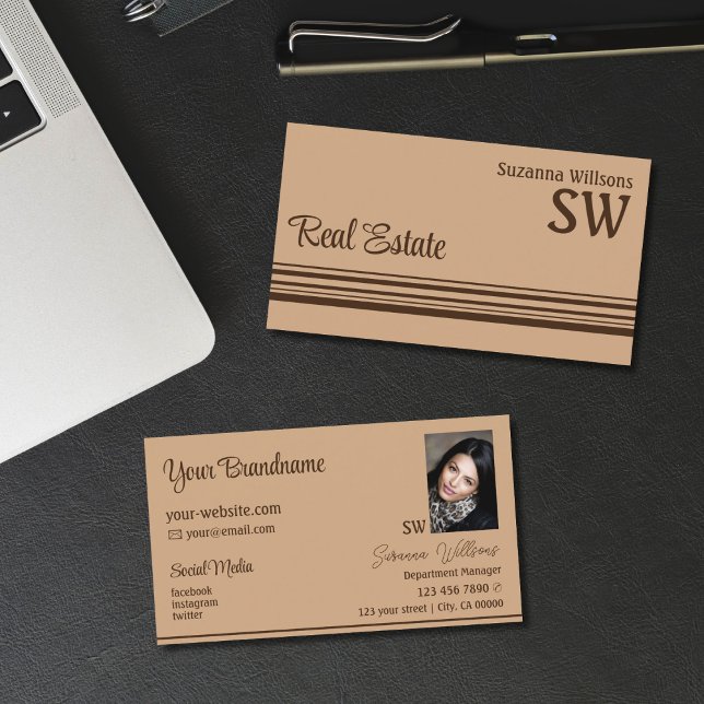 Elegant Beige Brown Rand med Monogram och foto Visitkort (Skapare uppladdad)