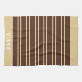 Elegant Beige &Brown Stripes Pattern Custom Name Kökshandduk