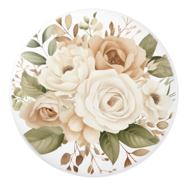 Elegant Beige Brun Blommor Blommig Keramisk Knapp Knopp (Framsidan)