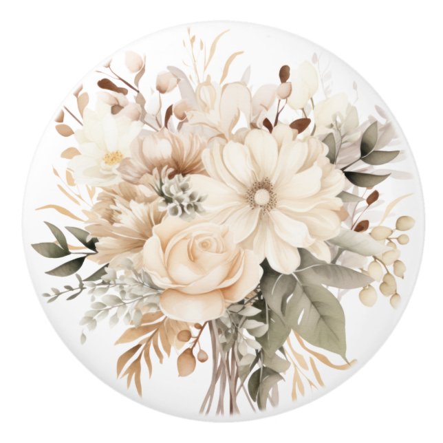 Elegant Beige Brun Blommor Blommig Keramisk Knapp Knopp (Framsidan)