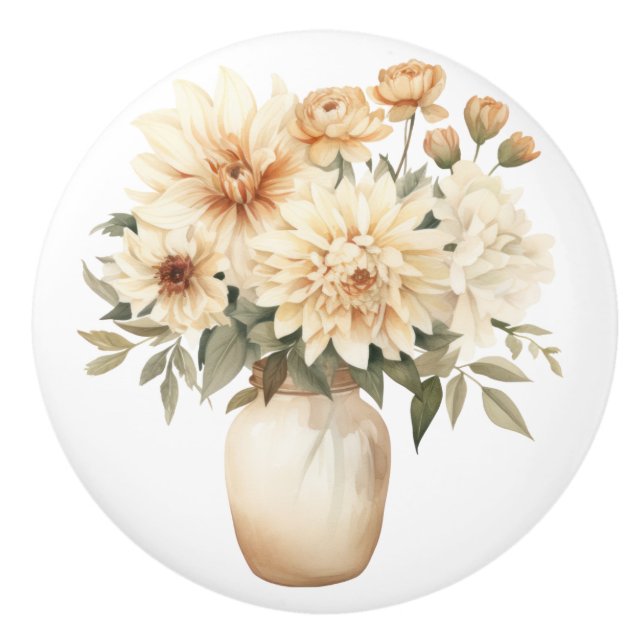 Elegant Beige Brun Blommor Blommig Keramisk Knapp Knopp (Framsidan)