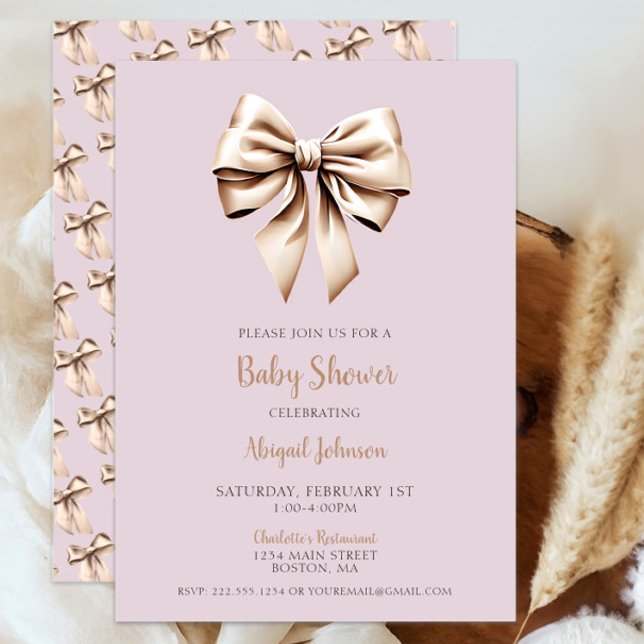 Elegant Beige Coquette Bow Baby Shower Inbjudningar (Elegant Beige Coquette Bow Baby Shower Invitation, Baby Girl Shower, Modern Script, Classic Chic)