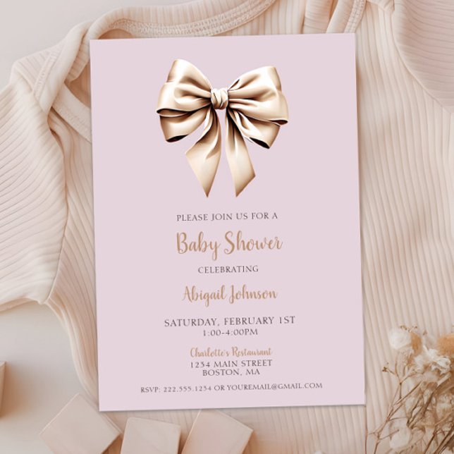 Elegant Beige Coquette Bow Baby Shower Inbjudningar (Elegant Beige Coquette Bow Baby Shower Invitation, Baby Girl Shower, Modern Script, Classic Chic)
