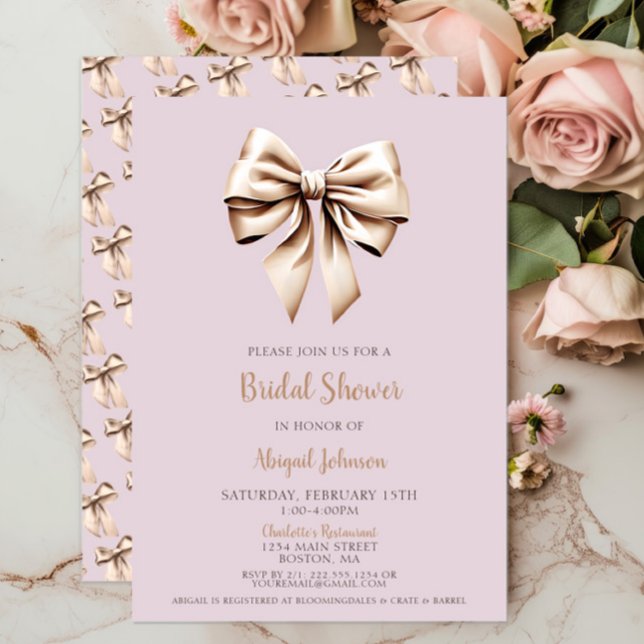 Elegant Beige Coquette Bow Möhippa Inbjudningar (Elegant Beige Coquette Bow Bridal Shower Invitation, Lavender, Classic Modern Trendy Chic, Script)
