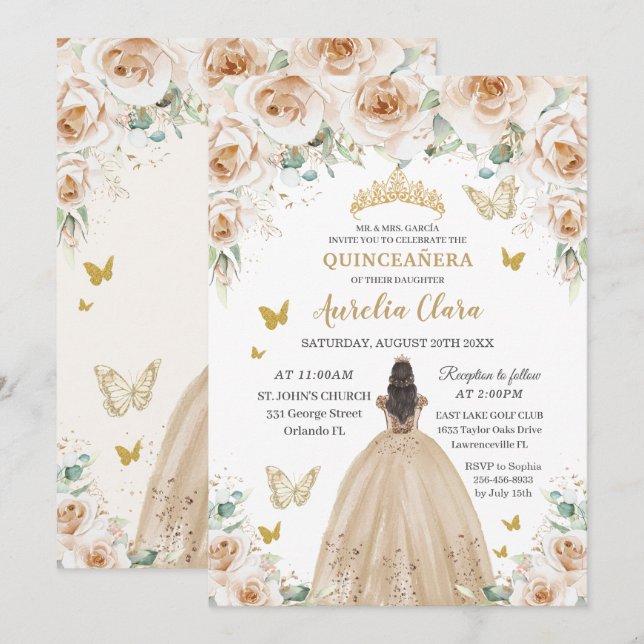 Elegant Beige Cream Blommigt Guld Quinceañera 16:e Inbjudningar (Fram/baksida)