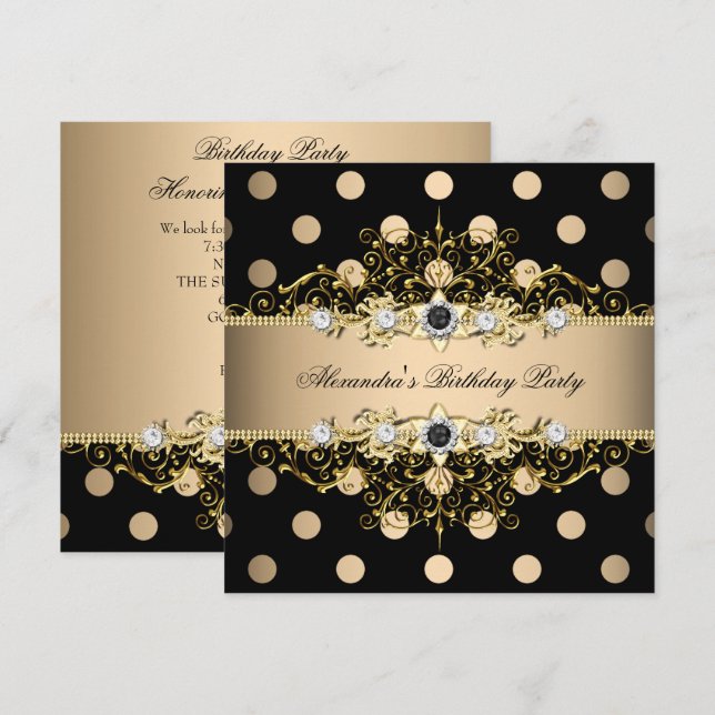 Elegant Beige Cream Guld Black Polka Birthday Inbjudningar (Fram/baksida)
