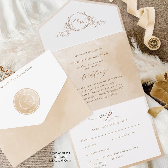 Elegant Beige Cream Watercolor Monogram Bröllop Al (Skapare uppladdad)
