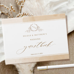 Elegant Beige Cream Watercolor Monogram Bröllop Gästböcker
