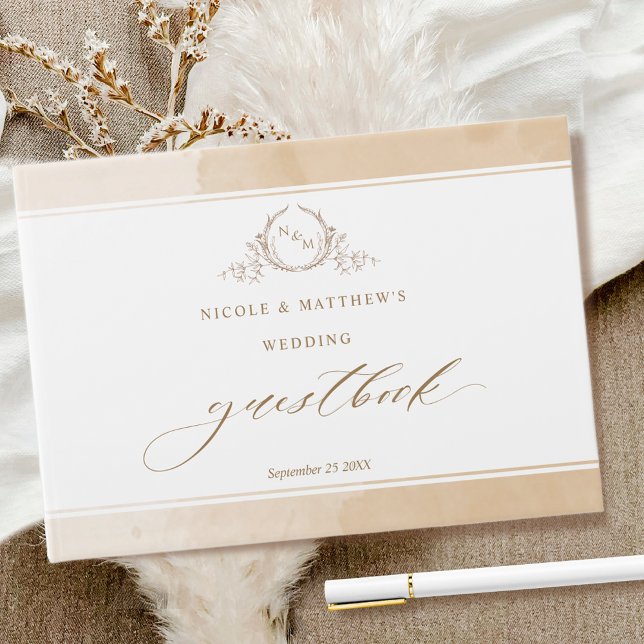 Elegant Beige Cream Watercolor Monogram Bröllop Gästböcker (Skapare uppladdad)