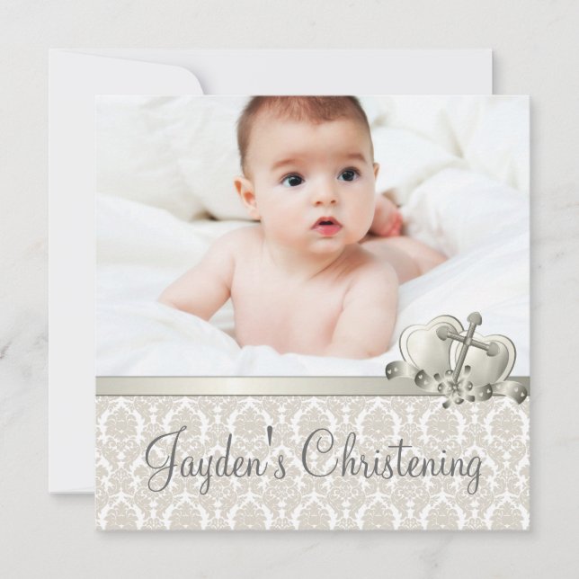 Elegant Beige Damask Pojkar Foto Dop Inbjudningar (Framsida)