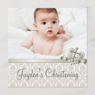 Elegant Beige Damask Pojkar Foto Dop Inbjudningar