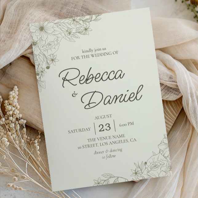 Elegant Beige Floral Minimalist Script Wedding Inbjudningar (Skapare uppladdad)