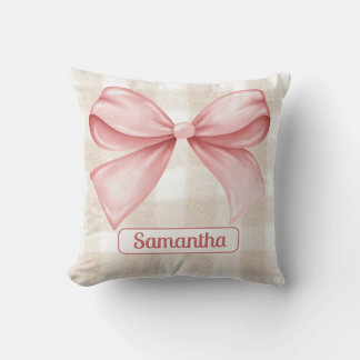 Elegant Beige Gingham med Rosa Bow Accent Anpassni Kudde