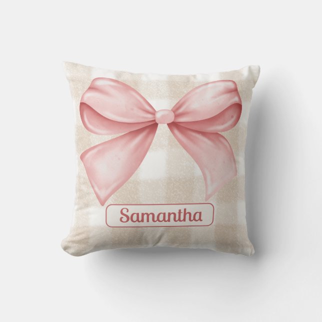 Elegant Beige Gingham med Rosa Bow Accent Anpassni Kudde (Framsida)