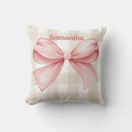 Elegant Beige Gingham med Rosa Bow Accent Anpassni Kudde