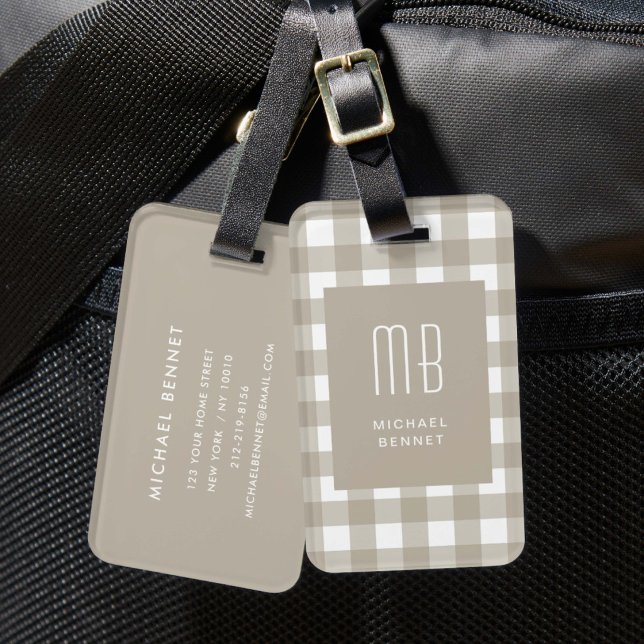 Elegant Beige Gingham Monogram Bagagebricka (Elegant Beige Gingham Monogram Luggage Tag)