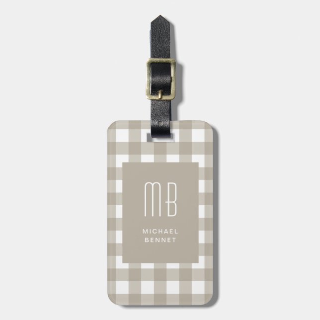 Elegant Beige Gingham Monogram Bagagebricka (Vertikal Framsida)