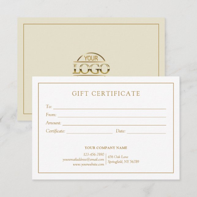 Elegant Beige Gold Business Logo Gift Certificate (Fram/baksida)