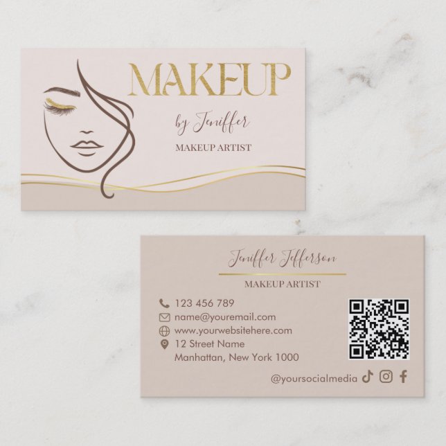 Elegant Beige & Gold Makeup Artist Bussines card Visitkort (Fram/baksida)
