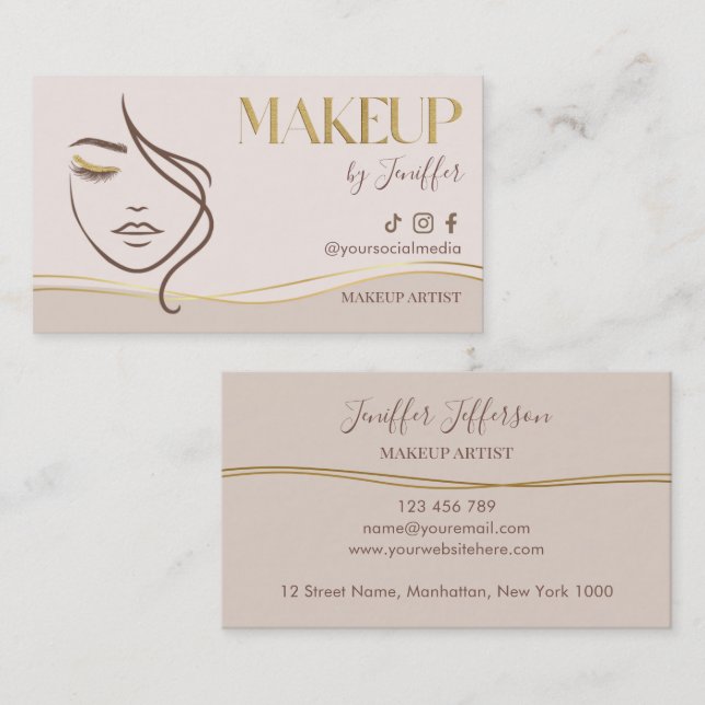 Elegant Beige & Gold Makeup Artist Bussines card Visitkort (Fram/baksida)