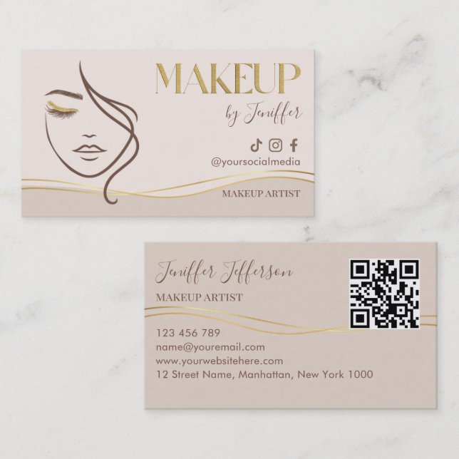 Elegant Beige & Gold Makeup Artist Bussines card Visitkort (Fram/baksida)