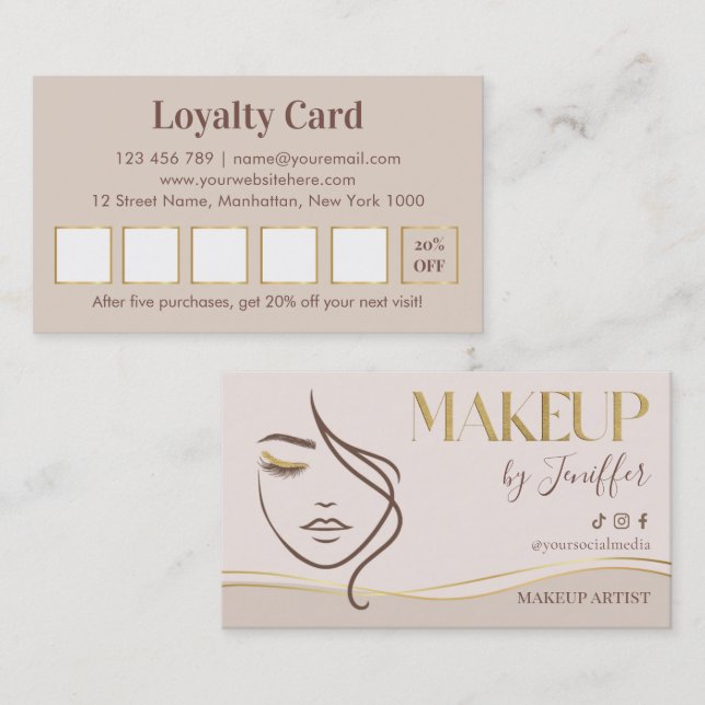Elegant Beige & Gold Makeup Artist Loyalty Lojalitetskort (Fram/baksida)