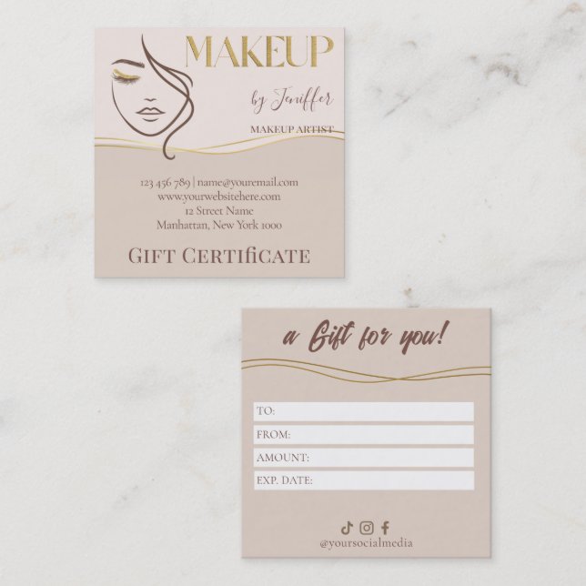 Elegant Beige & Gold Makeup Gift Certificate Card Lojalitetskort (Fram/baksida)