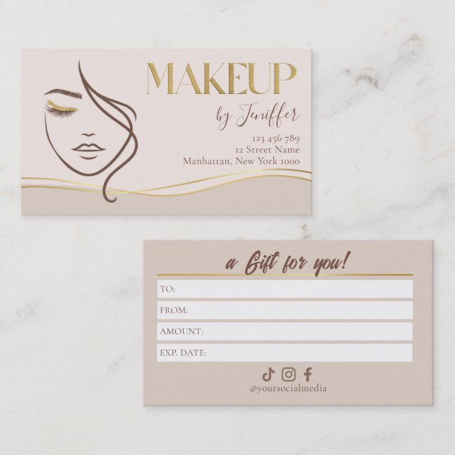 Elegant Beige & Gold Makeup Gift Certificate Card Lojalitetskort (Fram/baksida)