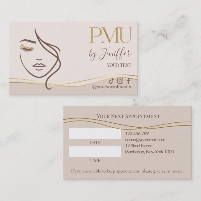 Elegant Beige & Gold PMU-återgivning Tidsbeställning Kort (Fram/baksida)