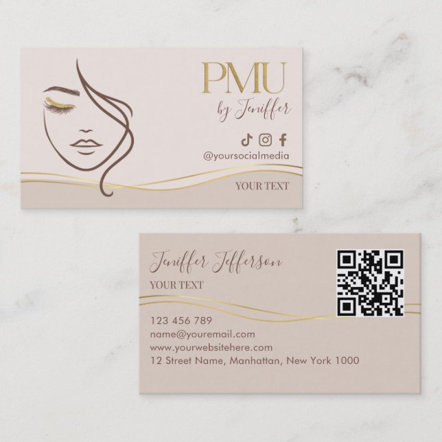 Elegant Beige & Gold PMU Bussines card Visitkort (Fram/baksida)