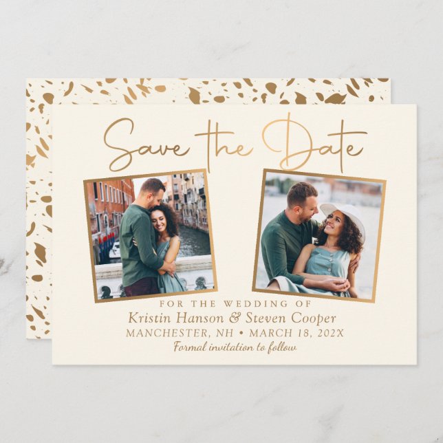 Elegant Beige Guld 2 Photo Save Date Card Spara Datumet (Fram/baksida)