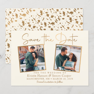 Elegant Beige Guld 2 Photo Save Date Card Spara Datumet
