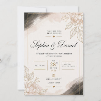 Elegant Beige & Guld Blommig Bröllopsinbjudan Inbjudningar