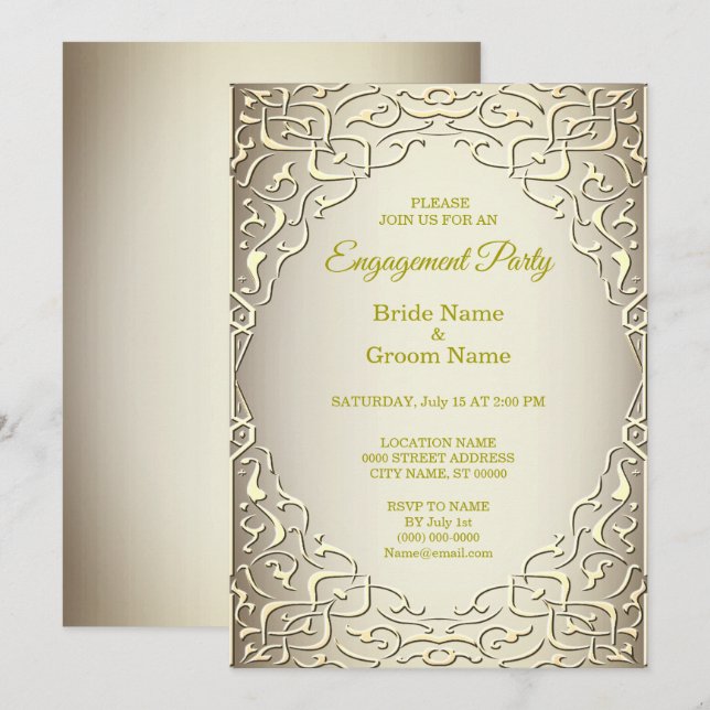 Elegant Beige Guld Decorative Förlovning Inbjudningar (Fram/baksida)