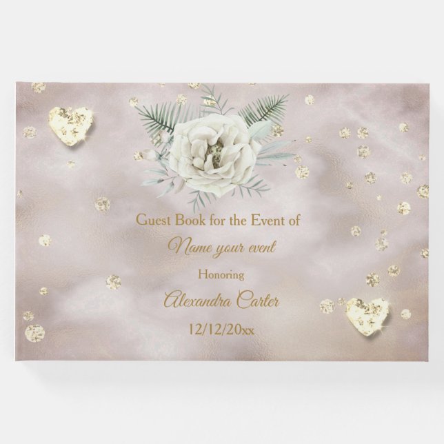 Elegant Beige Guld Vit ros Hearts Ro Blommigt Gästböcker (Framsida)