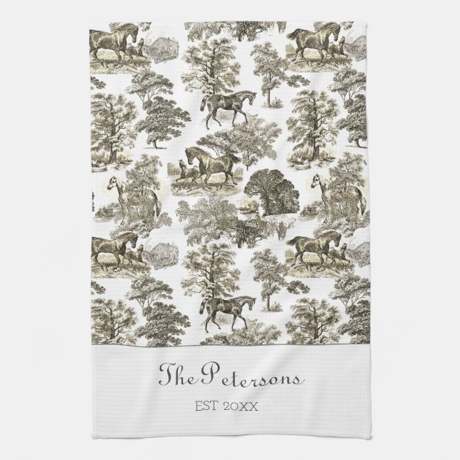 Elegant Beige Horses Toile Rustic Farmhouse Kökshandduk (Vertikal)
