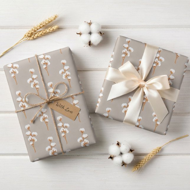 Elegant Beige Inpackningspapper med Bomullsgren Presentpapper (Skapare uppladdad)